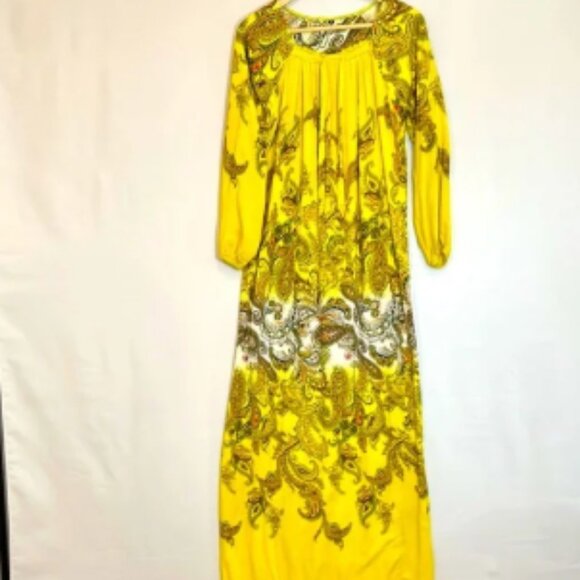 Womens Maxi Dress Size M Elegant Yellow Paisley Tropical Summer Vacation Casual - Picture 1 of 6